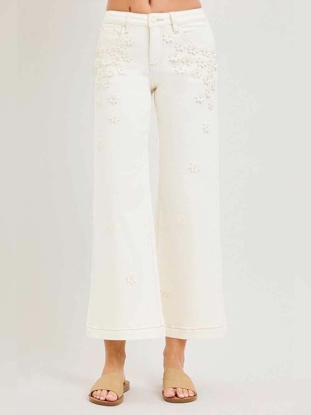 3D Flower & Pearl Embellished Wide Leg Cropped Jeans - Risen